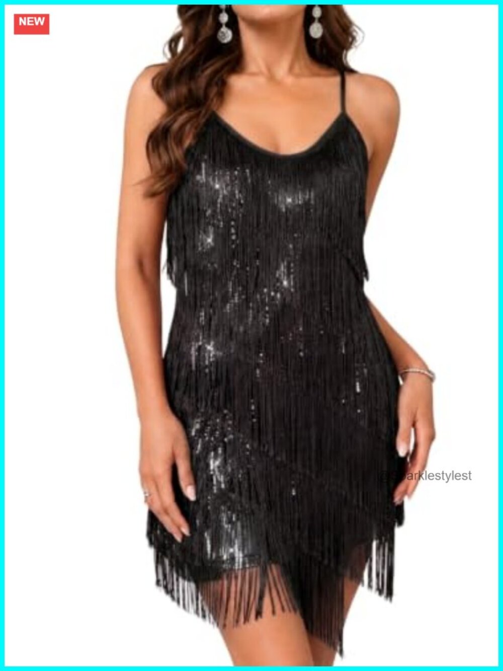 Sequin Fringe Mini Dress Scoop Neck Spaghetti Strap Party Cocktail Dress